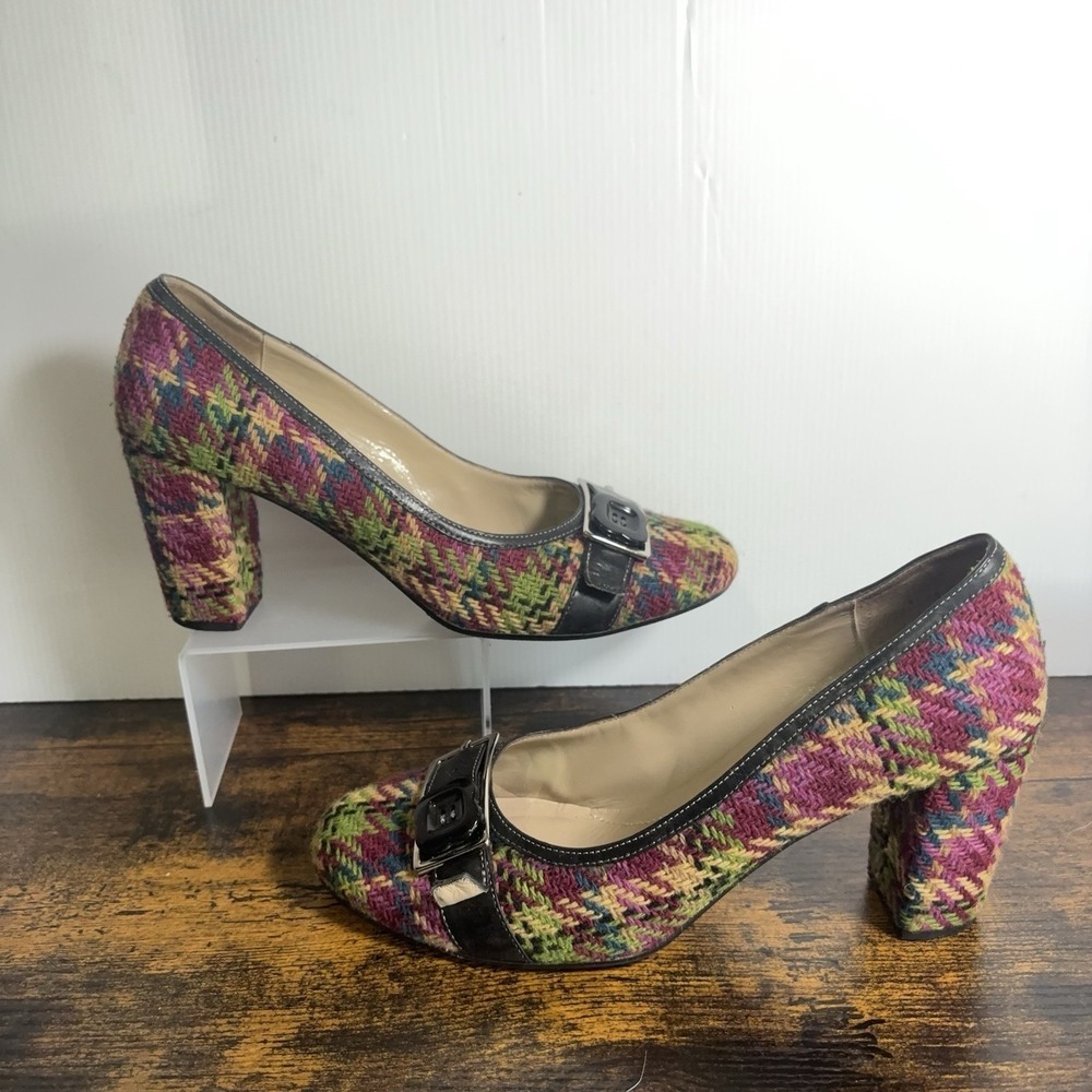 Vero Cucio Tweed Heels Womens 10M Purple Green Plaid Leather Trim - Picture 2 of 11